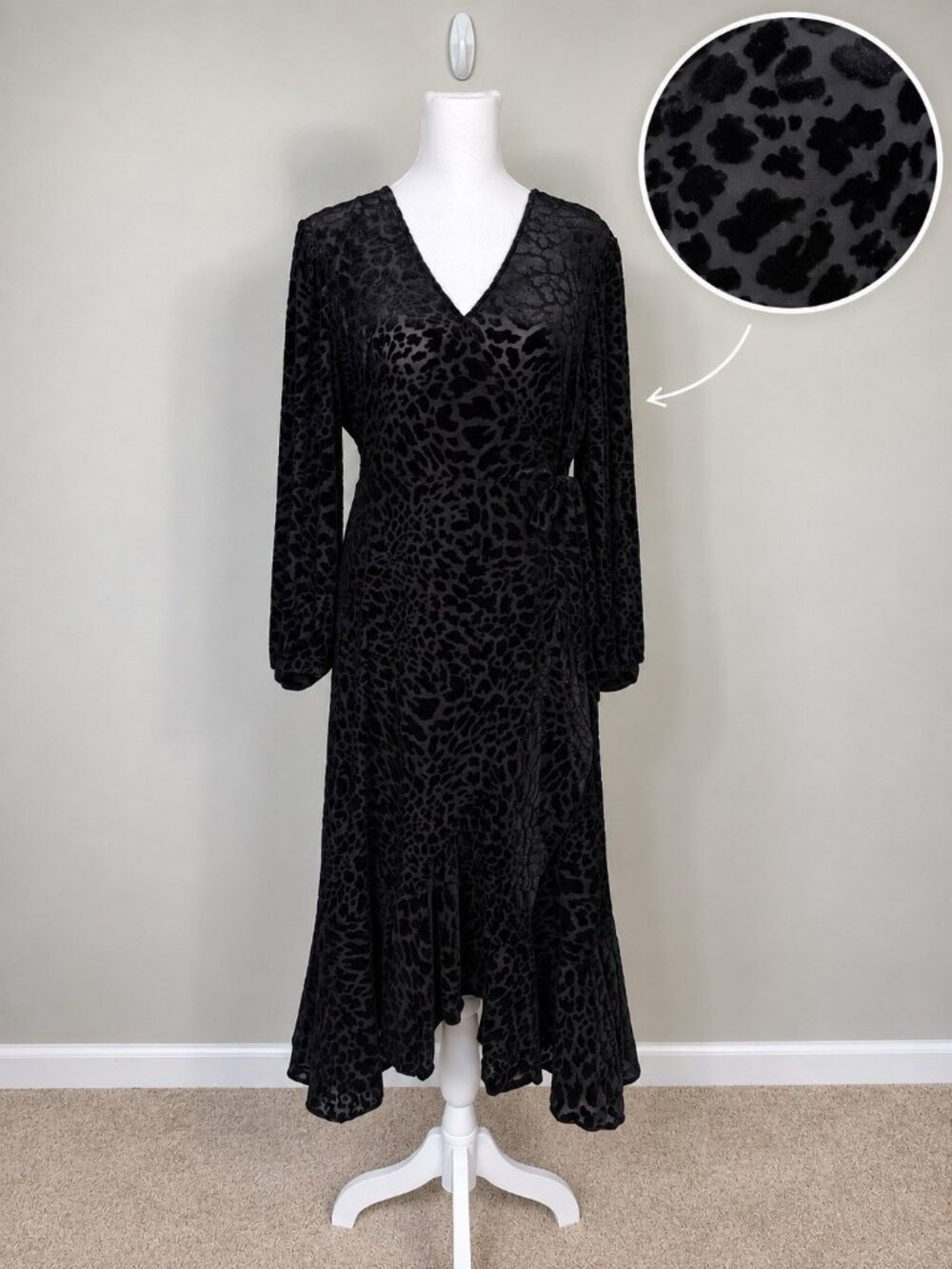Calvin Klein Velvet Burnout Wrap Dress Asymmetrical Hem Long Sleeve Evening 14